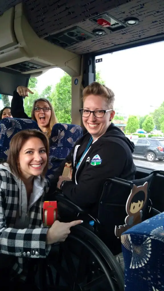 Trailblazer in wheelchair, on a coach, with Astro afixed to the back