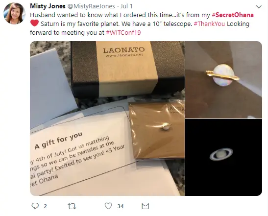 Tweet reads: "Husband wanted to know what I ordered this time... it's from my #SecretOhana. 💖 Saturn is my favorite planet. We have a 10" telescope. #ThankYou. Looking forward to meeting you at #WitConf19