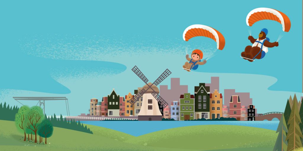 Astro and Cody parachuting into Amsterdam
