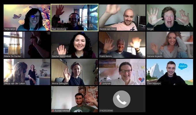 13 people + 1 phone-in person waving madly within their Zoom windows