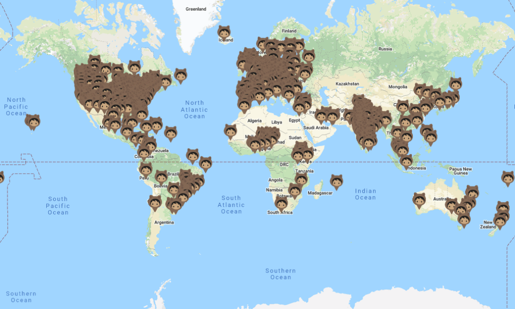 Lots of Astros where pins are, traditionally, on a map of the world - seemingly everwhere apart from Russia and Mongolia
