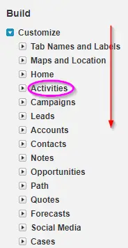 Extract of a picture of the classic Setup menu, starting with Activities and moving down through Campaigns, Leads, Accounts, Contacts, Notes, and then Opportunities.