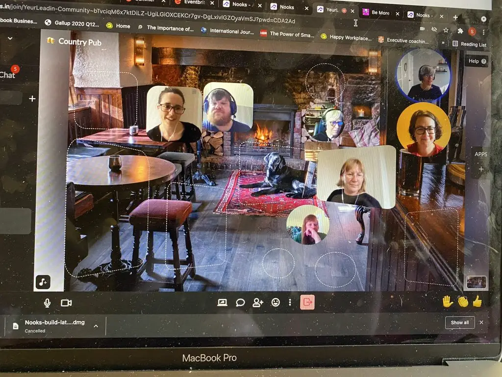 People in a "country pub" setting within the Nooks virtual meeting platform