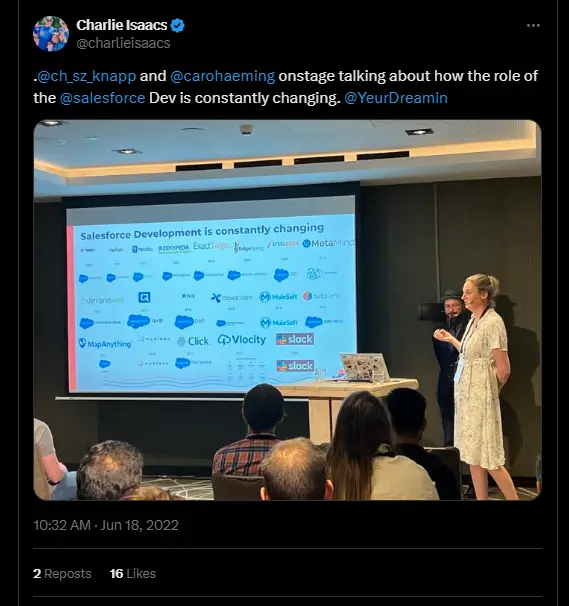 Tweet showing a presentation which reads: "Salesforce Development is constantly changing" with a number of logos of Salesforce and third party products