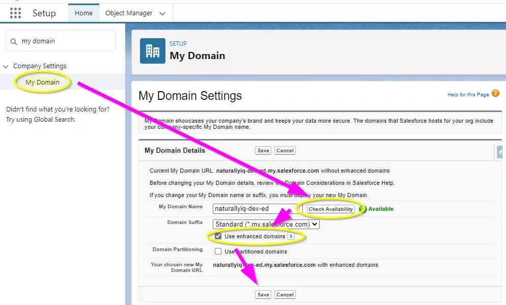 Screenshot show the steps required to deploy My Domain with the Enhanced option enabled