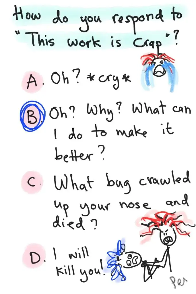 A cartoon with crying and angry stick figures. The text alongside goes:

How do you respond to "This work is crap"?
A. Oh? *cry*
B. Oh? Why? What can I do to make it better? *circled*
C. What bug crawled up your nose and died?
D. I will kill you!