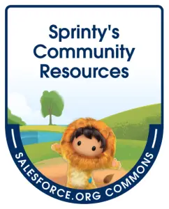 Astro with an expansive gesture, sandwhiched between the words "Sprinty's Community Resources" and "Salesforce.org Commons"