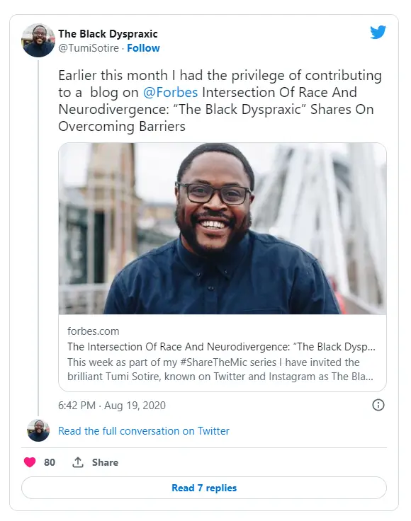 Link to a Forbes article about the intersection of race and neurodivergence.
