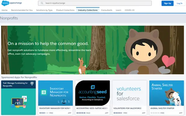 A screenshot of the Nonprofit section on the AppExchange, highlighting the most a number of nonprofit-specific apps