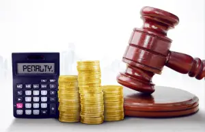 A calculator displaying the word "penalty", side a pile of coins and a legal-looking hammer.
