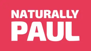 The Naturally Paul logo, this time white text on a pink background