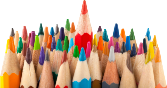 A lot of pencils, in all colours, with one pencil poking out above the rest