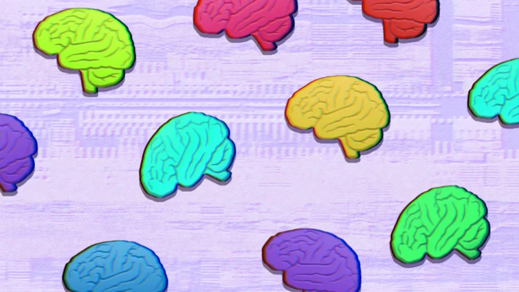 Pictures of a number of cartoon brains, in different colours
