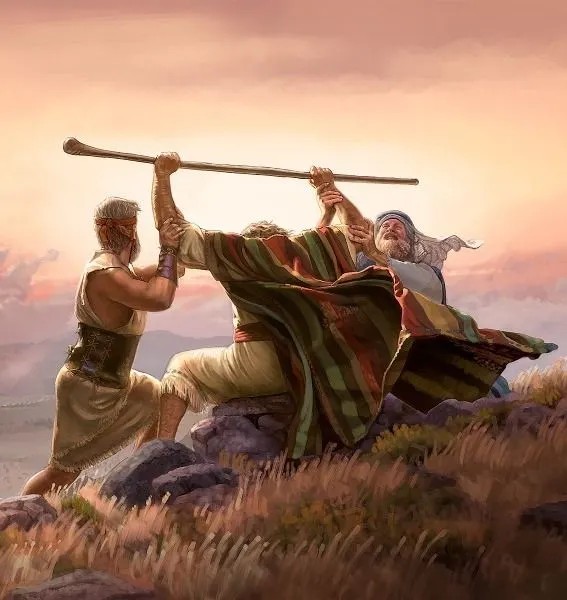 Picture of Moses lifting a staff/rod and being supported by two others