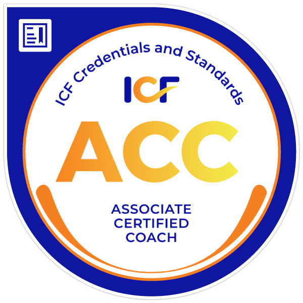 Badge saying: ICF Credentials and Standards: Associated Certified Coach