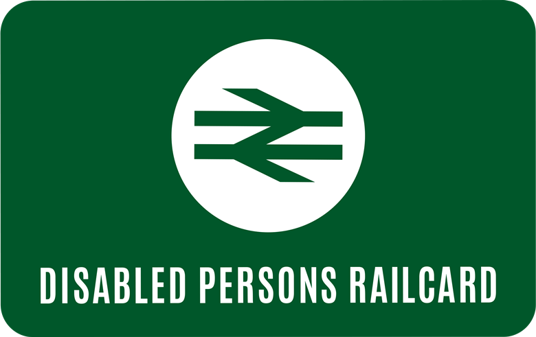 Text saying "Disabled Persons Railcard" in the shape of a card, alongside a National Rail logo, all in green