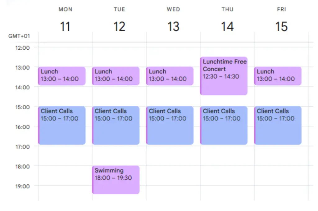 A screenshot of a calendar showing lunchtimes booked out, with a concert written on the Thursday lunchtime slot and swimming on another evening