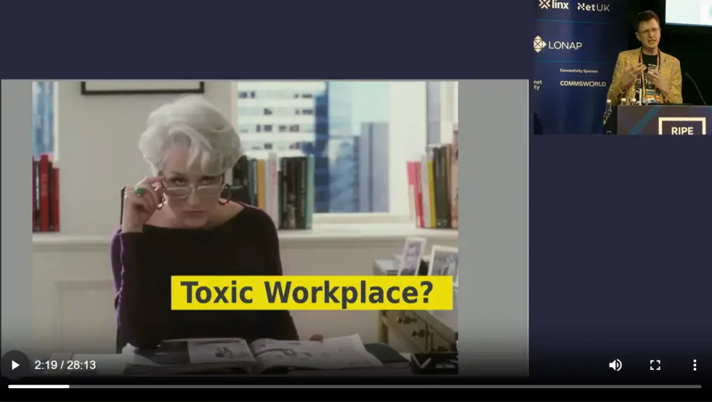 A picture of a powerful lady (Meryl Streep from Devil Wears Prada) looking over her glasses with the phrase "Toxic Workplace?" superimposed